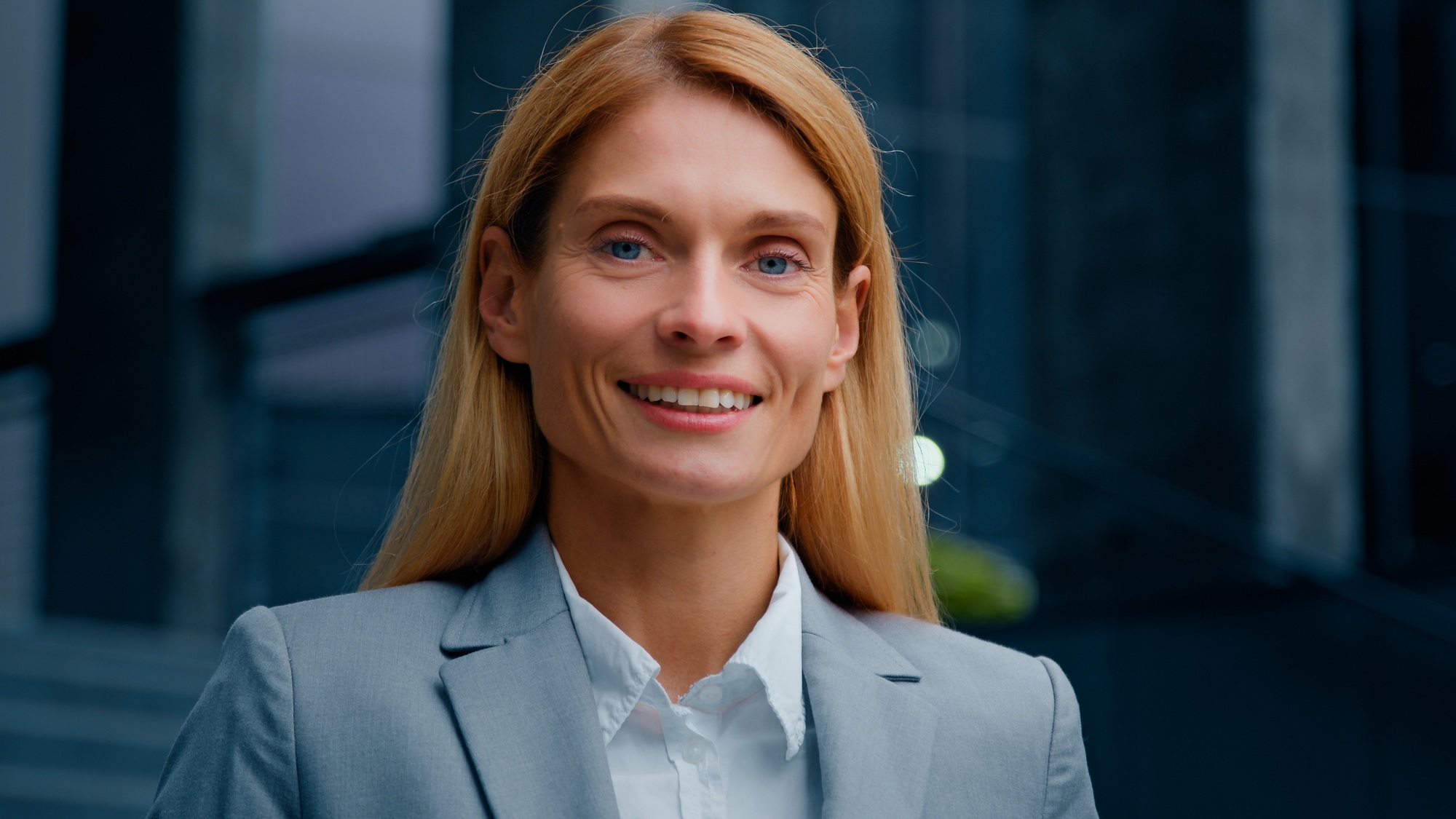 Headshot inspired motivated successful businesswoman professional manager lawyer leader looking at